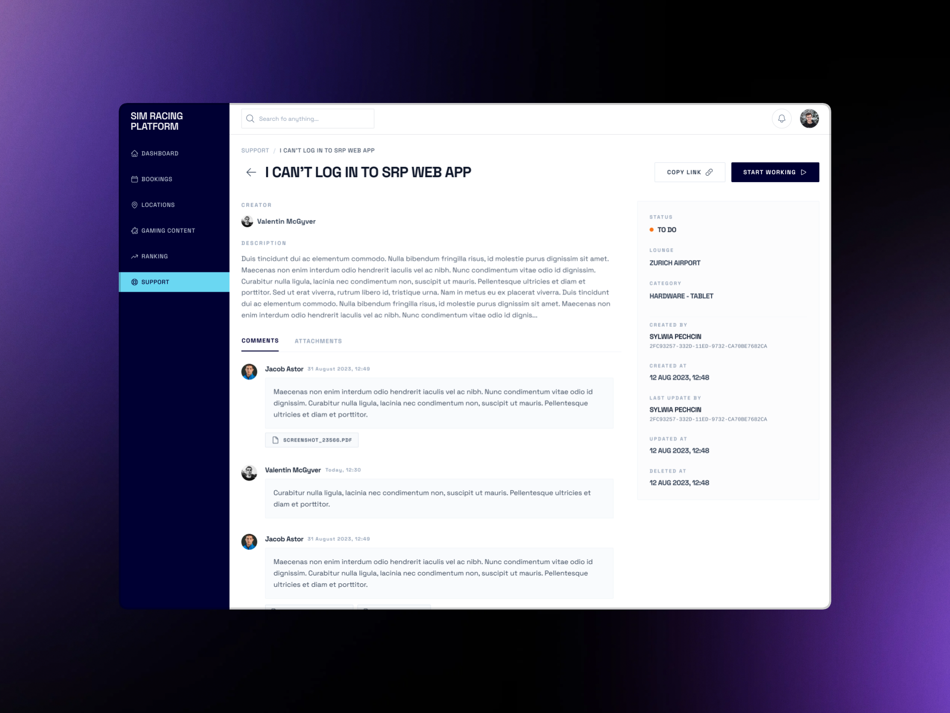 Racing Unleashed Support ticket interface